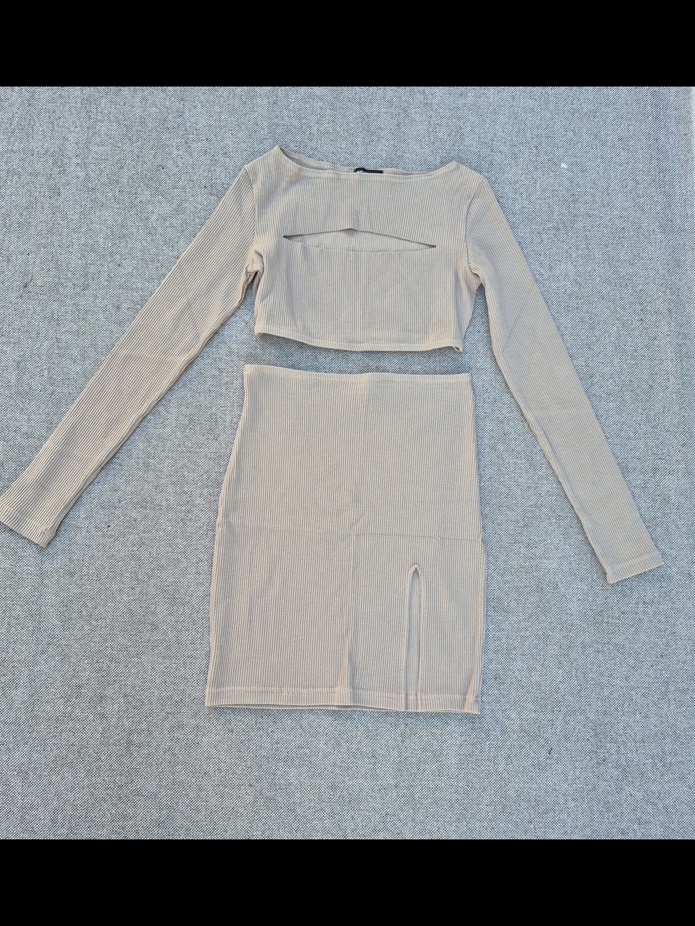 BEIHAUS Ribbed 2 Piece Skirt Set Beige - Picture 2 of 12